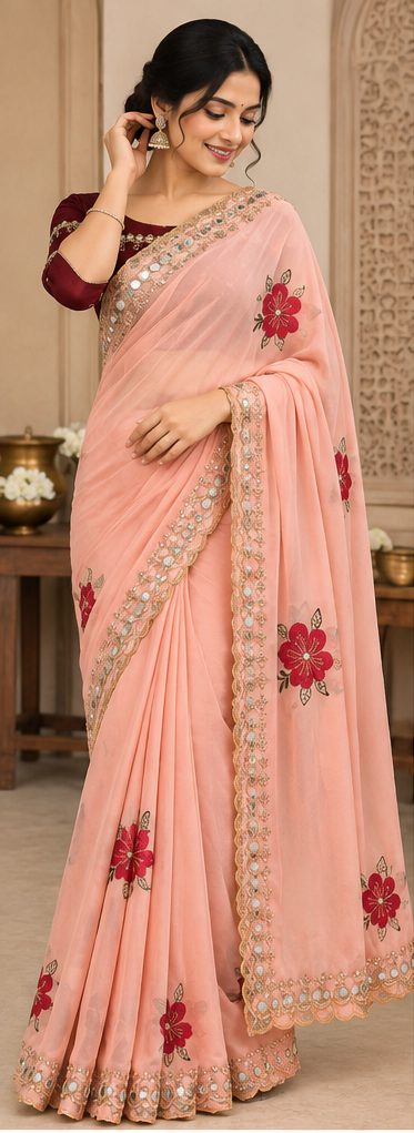 Model wearing the peach Rupa Silk saree