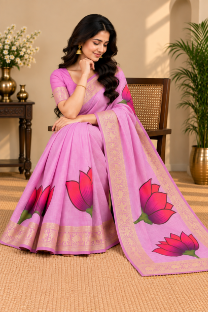 Model wearing the pink lotus Mangalagiri Dola Digital saree